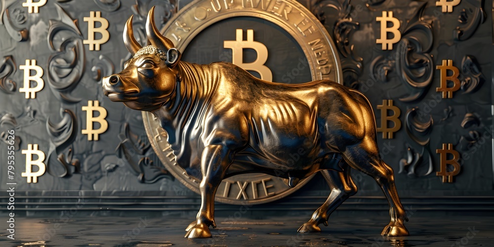 Fototapeta premium Luxurious Crypto Bull Standing Before Glowing Bitcoin Wall