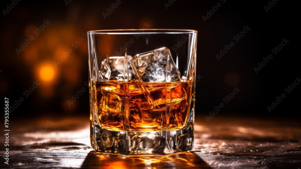 Stock photo of whiskey into a glass with copy space.