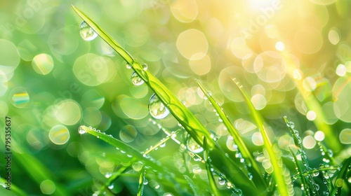 Sunlit Dewdrops Adorning Green Grass in Early Morning.