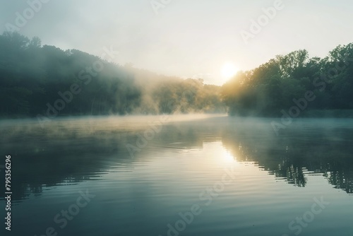 Misty morning fog rising above a tranquil lake at sunrise
