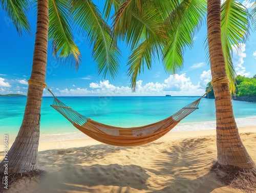 A hammock is hanging between two palm trees on a beach. The scene is peaceful and relaxing, with the sound of the waves in the background