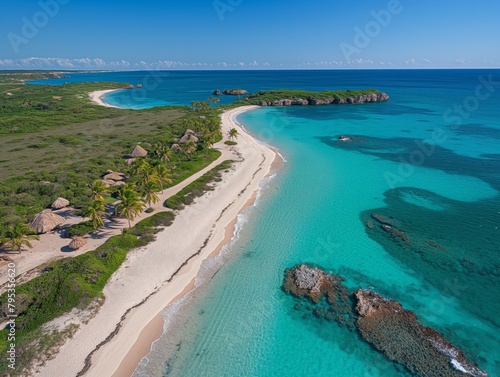 A beautiful beach with a clear blue ocean and a rocky shoreline. The beach is lined with palm trees and there are several small islands in the distance. The sky is clear