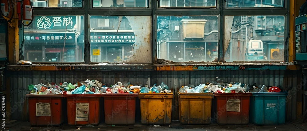 Bins filled with trash in a commercial setting demonstrate waste management practices. Concept Waste Management, Commercial Setting, Trash Bins, Environmental Practices, Recycling Initiatives Bins filled with trash in a commercial setting demonstrate waste management practices. Concept Waste Management, Commercial Setting, Trash Bins, Environmental Practices, Recycling Initiatives