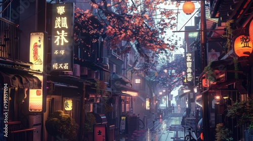 A beautiful japanese tokyo city town in the evening, digital art, anime style photo