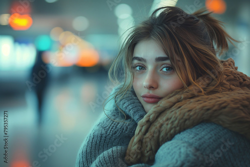 Young girl with blond hair is upset because of missed departure of airplane in airport. Selective focus. Copy space. Blurred background.