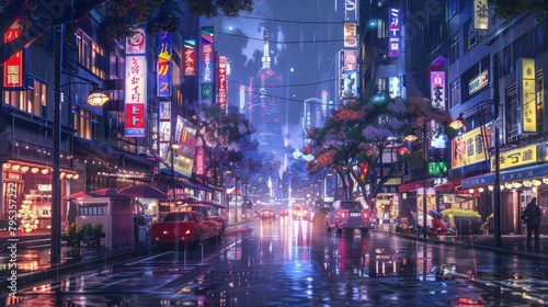 A beautiful japanese tokyo city town in the evening, digital art, anime style © Kukuh