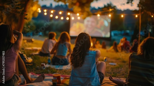 A group of people are sitting on a blanket in a park