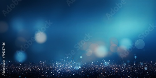 Blue banner dark bokeh particles glitter awards dust gradient abstract background. Futuristic glittering in space on blue background blank empty with copy space  photo
