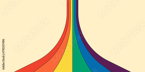 Retro rainbow color striped path horizontal banner. Geometric hippie rainbows perspective flow cover. Vintage hippy abstract spectral iridescent stripes. Trendy minimal disco y2k colorful art lines