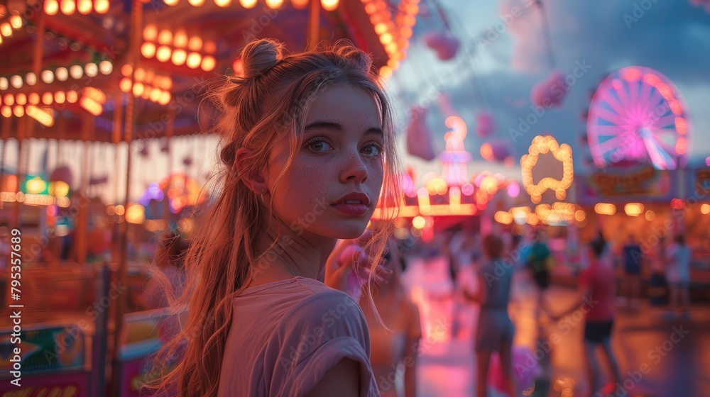Enchanting Young Woman Amidst Carnival Lights at Twilight. Enchanting Young Woman Amidst Carnival Lights at Twilight.