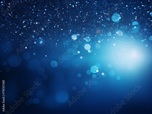 Blue banner dark bokeh particles glitter awards dust gradient abstract background. Futuristic glittering in space on blue background blank empty with copy space 