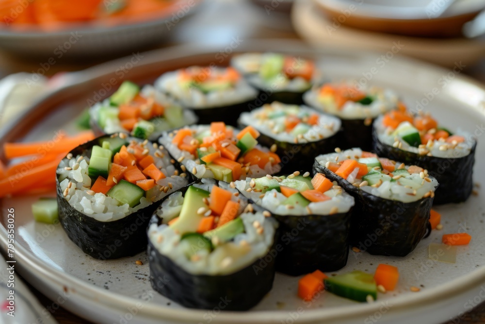 Plate of vegetable sushi rolls with avocado, cucumber, and carrots, a nutritious and delicious meal option Plate of vegetable sushi rolls with avocado, cucumber, and carrots, a nutritious and delicious meal option