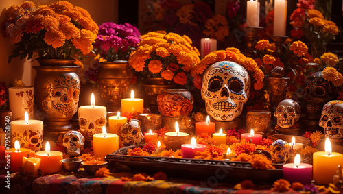 This is a picture of a traditional ofrenda for Dia de los Muertos. There are candles, flowers, and sugar skulls arranged on an altar.