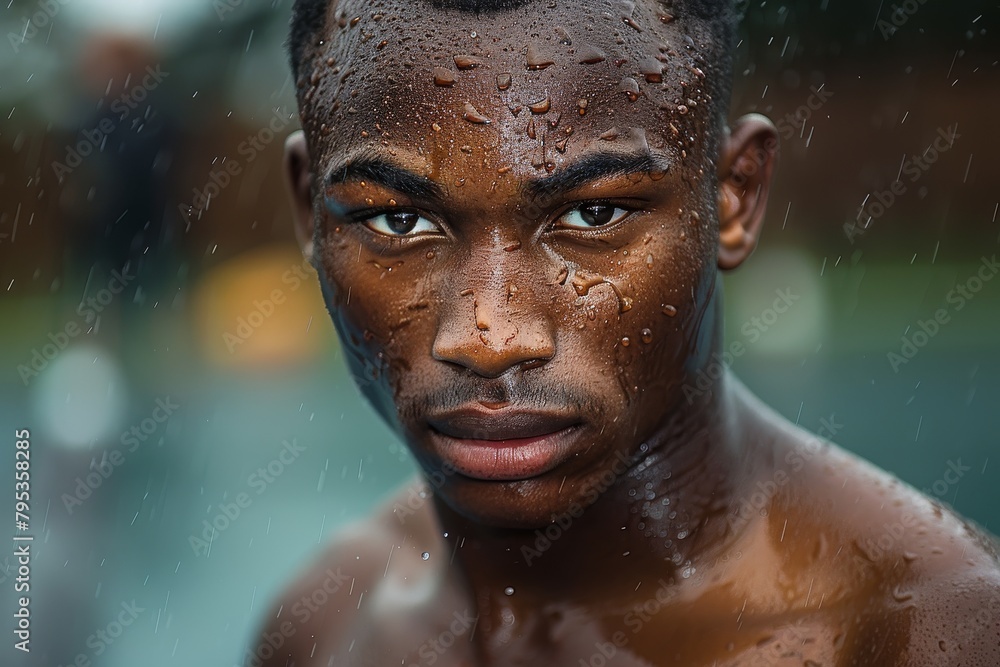 An intense close-up of a focused young man with water droplets covering his skin and intense gaze
