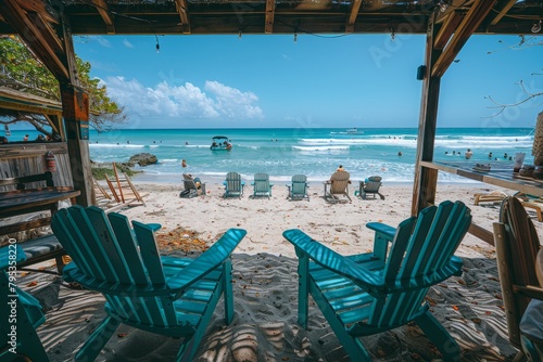 Group of Lawn Chairs on Sandy Beach photo