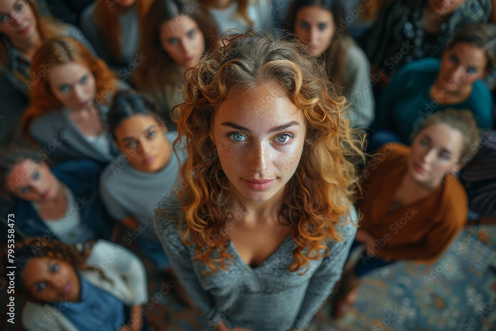 Woman with curly blonde hair surrounded by diverse group of women