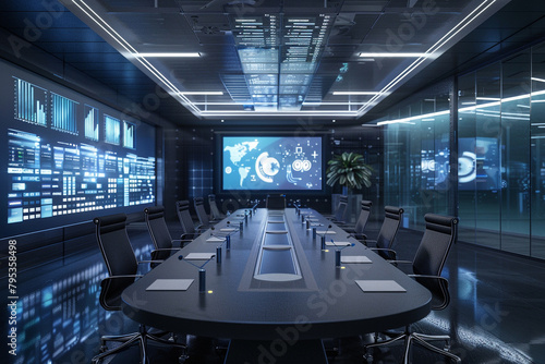 An AI-driven conference room with predictive analytics, forecasting trends and outcomes based on discussions and data inputs.