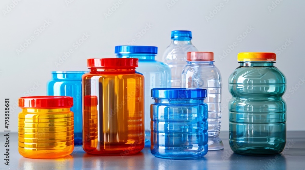 Several colored plastic bottles on table Several colored plastic bottles on table