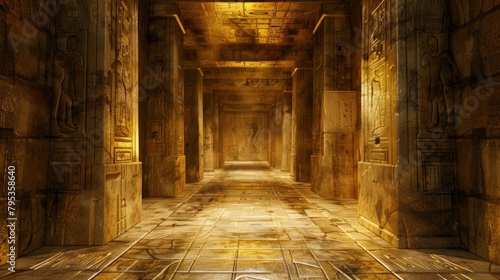 An atmospheric interior of an ancient Egyptian temple with golden light illuminating the hieroglyphics carved on the walls and columns.