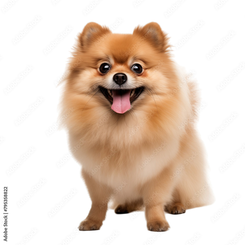 A happy Pomeranian Spitz stands on a white background