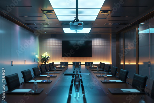An AI-powered conference room with predictive scheduling capabilities, automatically adjusting meeting times to accommodate attendees' availability. © Ijaz