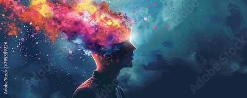 Marker style illustration of man with light dispersion in his head. The concept of creative mind, brainstorm, and learning. photo