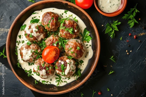 fresh healthy meat balls in cheese sauce