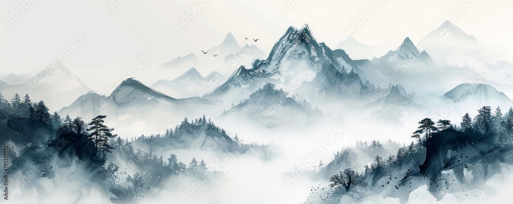 Minimalist ink painting of a misty mountain on a white background. Traditional oriental ink painting sumi-e, u-sin, go-hua. Translation of hieroglyph - zen.