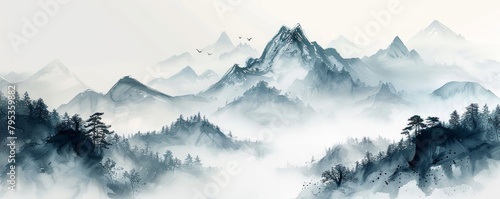 Minimalist ink painting of a misty mountain on a white background. Traditional oriental ink painting sumi-e, u-sin, go-hua. Translation of hieroglyph - zen. photo
