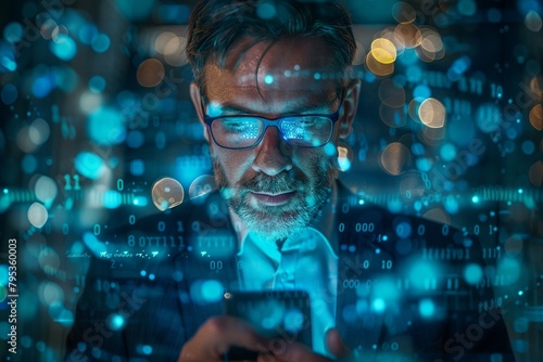  Visualize a scene where a businessman employs a smartphone integrated with cybersecurity technology to safeguard personal data and ensure secure internet access