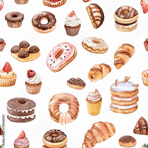 seamless Watercolor Dessert Pattern. cute watercolor cupcake donuts, cake patterns for wallpapers, fabrics, textiles, and banners.
