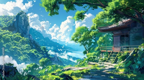 Beautiful anime-style illustration of a japanese landscape, digital art illustration