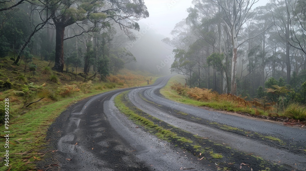 Obraz premium Misty road winding through a forest landscape, shrouded in fog, creating a mysterious and serene atmosphere.