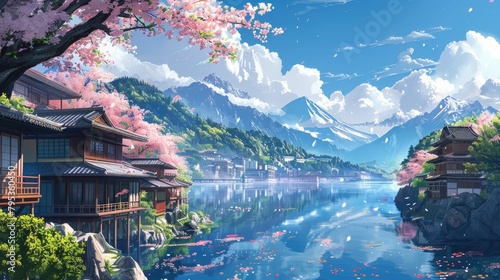 Beautiful anime-style illustration of a japanese landscape, digital art illustration
