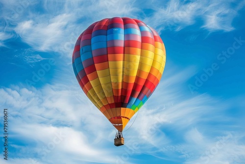 Rainbow-colored hot air balloon floating elegantly with a transparent sky
