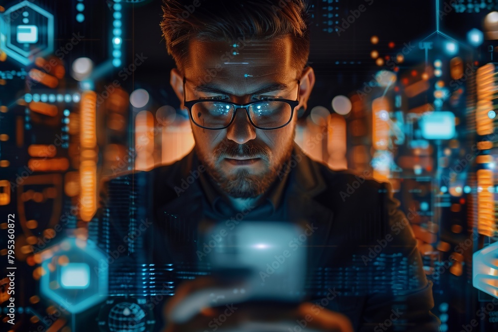 Fototapeta premium Visualize a scene where a businessman employs a smartphone integrated with cybersecurity technology to safeguard personal data and ensure secure internet access