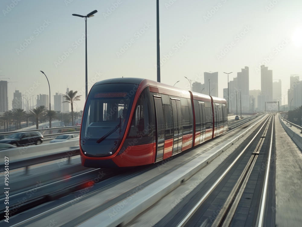 A red and black train is traveling down a track. The train is surrounded by tall buildings, and there are cars on the road in the background. Scene is busy and bustling, with the train