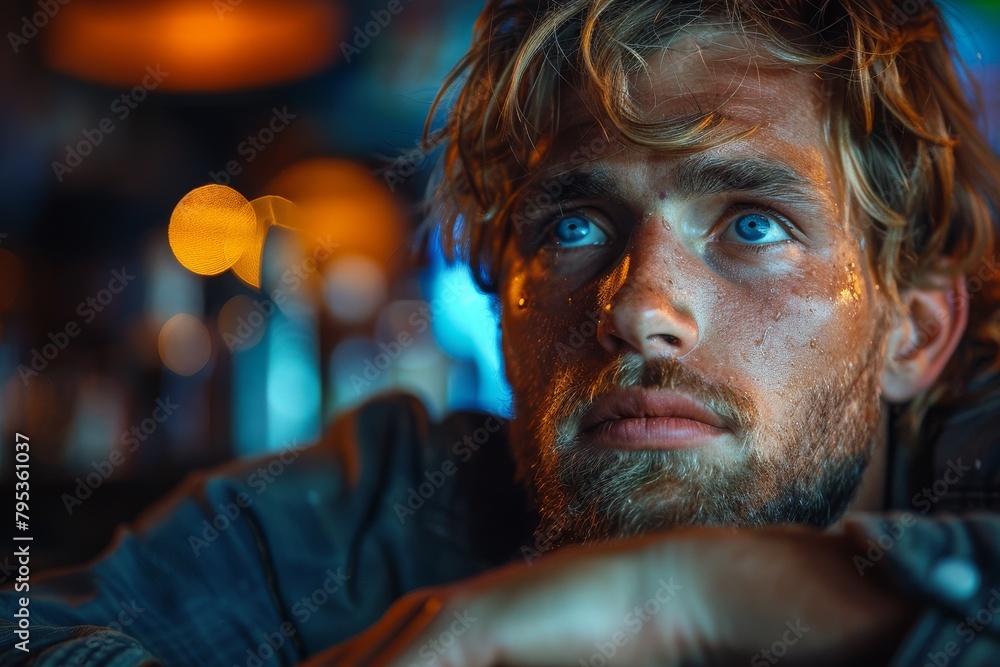 An intense portrait of a weary young man with vivid blue eyes and a pensive expression, the bar's neon lights enhancing the mood An intense portrait of a weary young man with vivid blue eyes and a pensive expression, the bar's neon lights enhancing the mood