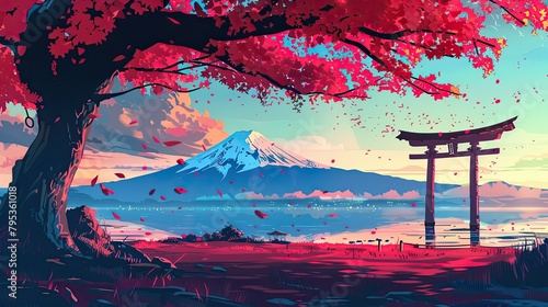 Beautiful anime-style illustration of a japanese landscape, digital art illustration