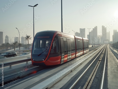 A red and black train is traveling down a track. The train is surrounded by tall buildings, and there are cars on the road in the background. Scene is busy and bustling, with the train