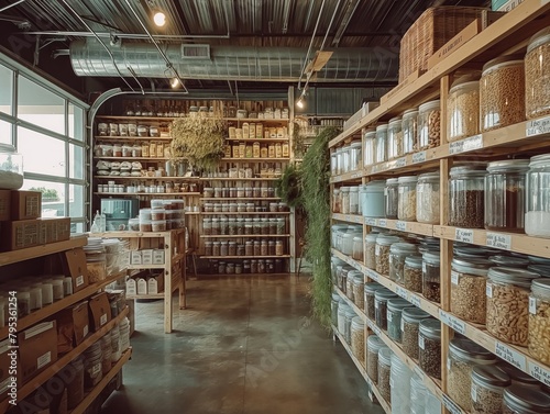 A large store with many shelves of food and jars. The jars are mostly clear and the store is very well organized