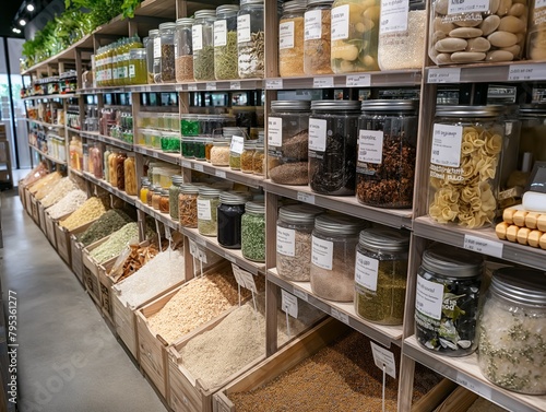 A store aisle with many jars of food, including some labeled "organic." The jars are lined up on shelves, and the store appears to be well-stocked