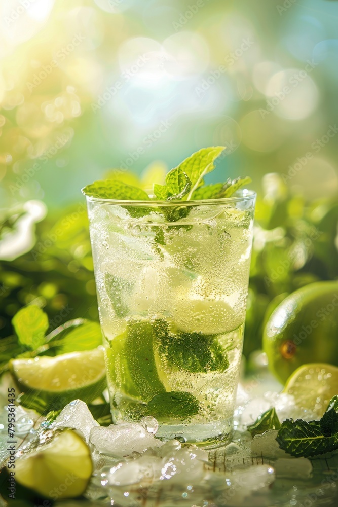 Fototapeta premium An invigorating mint mojito cocktail, garnished with fresh lime and mint leaves