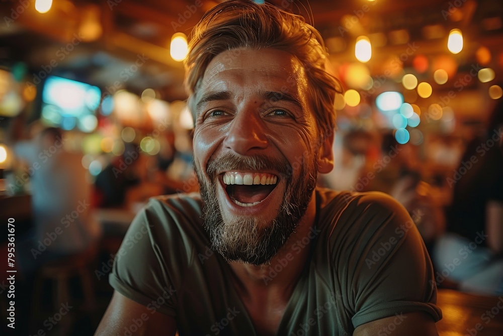 Obraz premium A heartily laughing man enjoying the lively atmosphere in a bar surrounded by warm lights