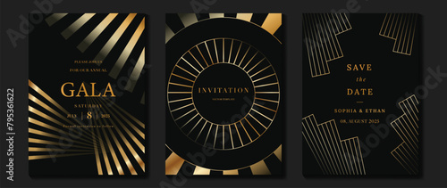 Luxury invitation card background vector. Golden elegant geometric shape, gold lines gradient on dark background. Premium design illustration for gala card, grand opening, wedding, party invitation.