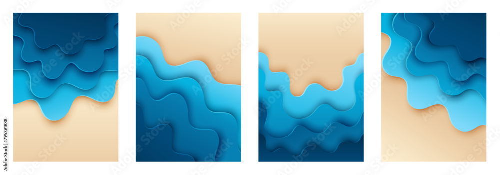 Posters on the theme of summer, sea, beach, vector illustration, in paper cut style