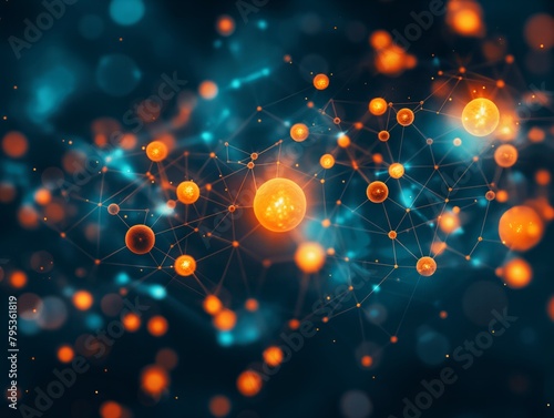 A colorful image of many small orange and blue spheres. The spheres are connected by lines  creating a web-like pattern. Concept of complexity and interconnectedness  as well as a feeling of energy