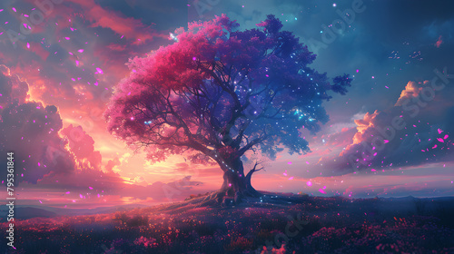 Fantastic landscape with a fantasy tree of desires in pink-blue colors. photo