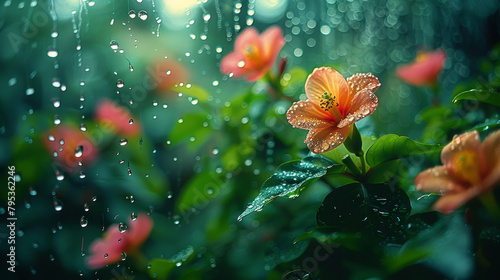 A close up of a flower with raindrops on it. The flower is surrounded by green leaves and the raindrops are falling on the leaves and the flower. Scene is peaceful and calming