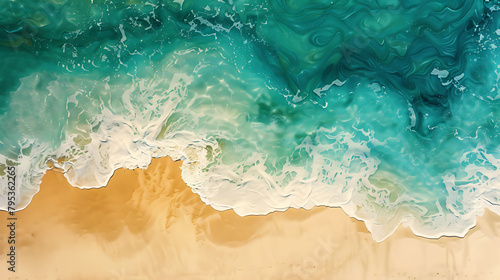 an abstract painting featuring a white and blue ocean wave, with a rocky shoreline in the foregroun